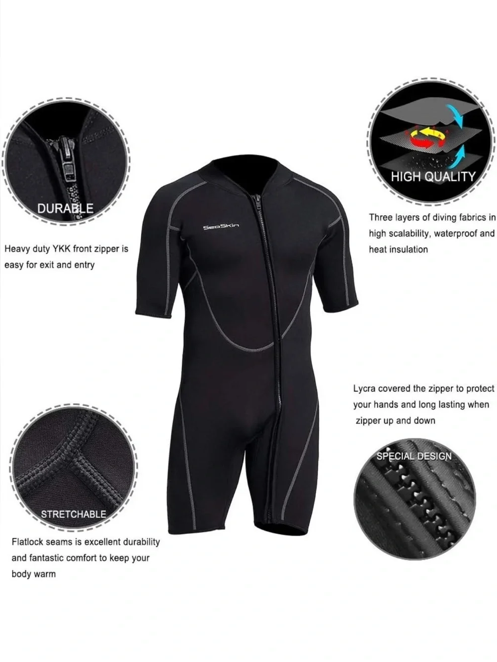 Seaskin 3MM Shorty Wetsuit Scuba-suit Medium Black Full Front Zip.